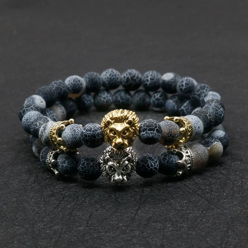 Sleek bangle bracelets with modern metallic finishes for a polished, chic design-Natural Lava Stone and Black Agate Lion Beaded Bracelet