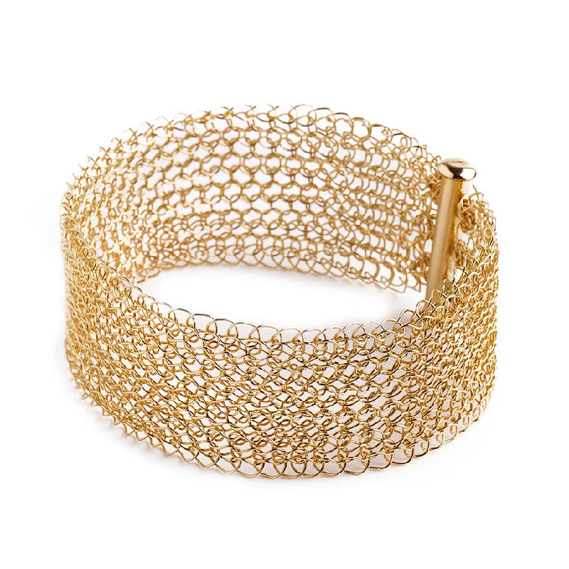 Thin bangle bracelets with mixed metals for a contemporary and versatile look-Narrow gold cuff bracelet Knitted jewelry