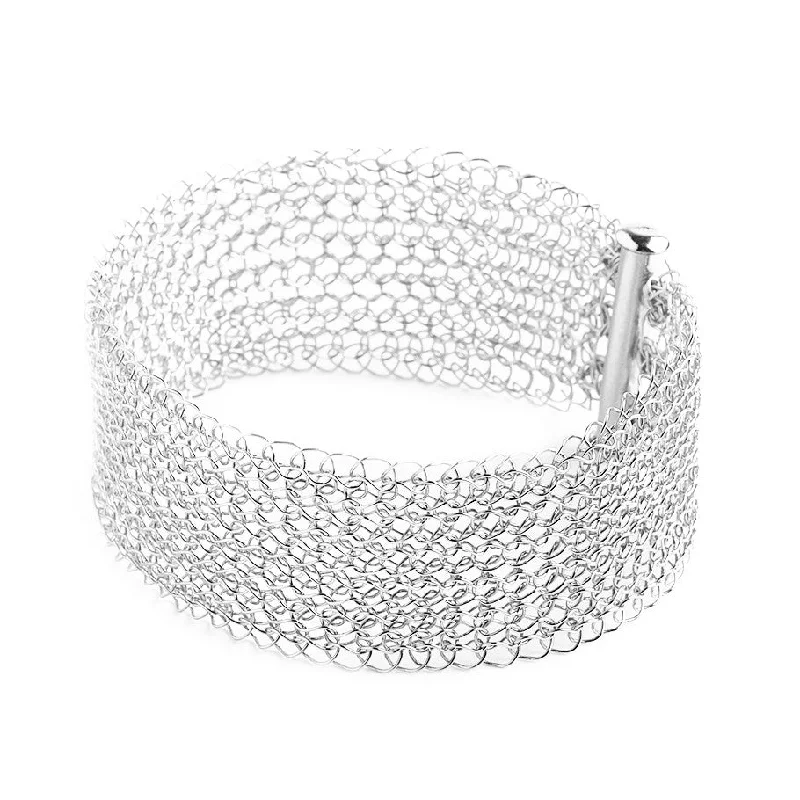 Best bangle bracelets with stacked designs for a trendy and fashionable look-Narrow Silver cuff bracelet Knitted jewelry