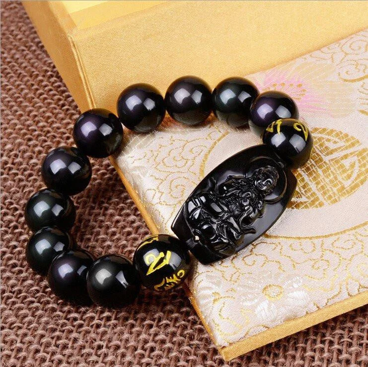 Bangle bracelets with polished marble inlays for a chic and trendy appearance-Natural Obsidian Eight Patron Zodiac Bracelet