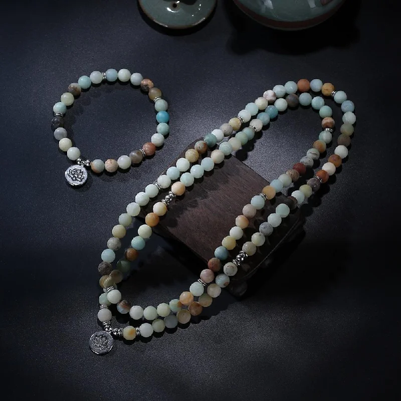 Silver bangle bracelets with hammered textures for a rustic and modern finish-Quiet Strength Amazonite Mala and Bracelet Set