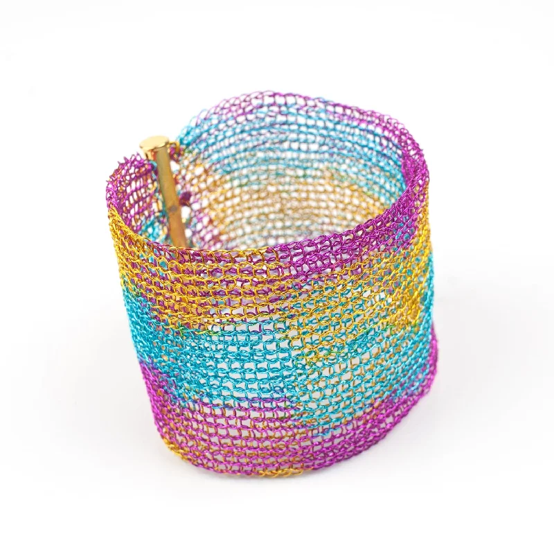 Wide bangle bracelets with boho-inspired patterns for a free-spirited design-RAINBOW Cuff Bracelet , Wide knitted Cuff, Statement Bracelet