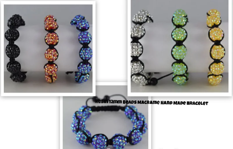 Best bangle bracelets with silver-plated finishes for an affordable and stylish accessory-Resin Rhinestone Beads 12mm Macrame Hand Made Bracelet 3 dollars for dozen 6 colors 10 Resin beads in one bracelet