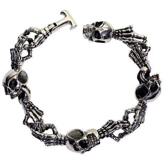 Wide bangle bracelets with bohemian designs for a bold and carefree style-Skeleton Bone Sterling Silver Biker Skull Bracelet