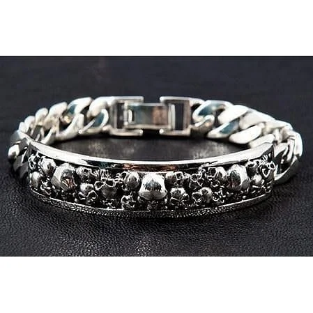 Best bangle bracelets with stacked designs for a trendy and fashionable look-Skull ID Sterling Silver Biker Bracelet