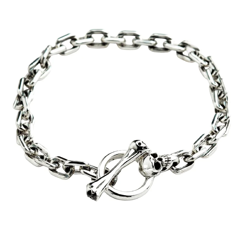 Best bangle bracelets with Swarovski crystals for a touch of sparkle and elegance-Skull T-Bar Sterling Silver Curb Link Bracelet