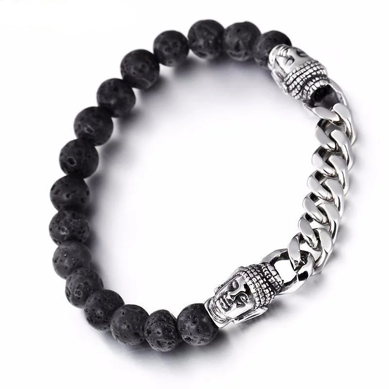 Wide bangle bracelets with bright gemstone accents for a bold, vibrant style-Stainless Steel Buddha Chain Lava Rock Bracelet