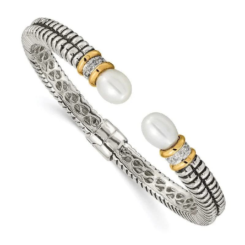 Best bangle bracelets with unique stone inlays for a one-of-a-kind accessory-Sterling Silver w/14k FW Cultured Pearl & Diamond Cuff Bracelet