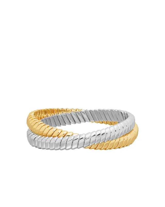 Simple gold bangle bracelets with smooth finishes for a classic and elegant style-The Double Cobra Bracelet in Mixed Metals