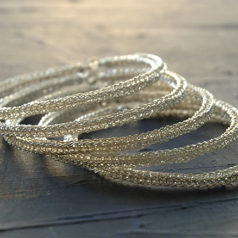 Minimalist bangle bracelets with a thin profile for a sleek and subtle appearance-Three silver wire crocheted bangles , handmade , unique design , urban jewelry