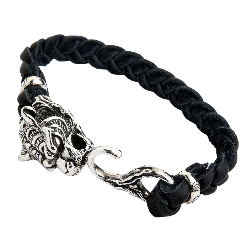 Wide bangle bracelets with modern geometric patterns for a bold fashion statement-Tiger Head Silver Genuine Braided Leather Chain Biker Bracelet