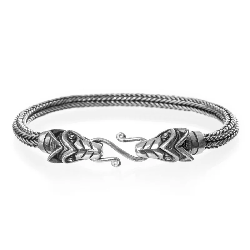 Thin bangle bracelets with mixed metals for a contemporary and versatile look-Valhalla Wolf Bracelet, Silver