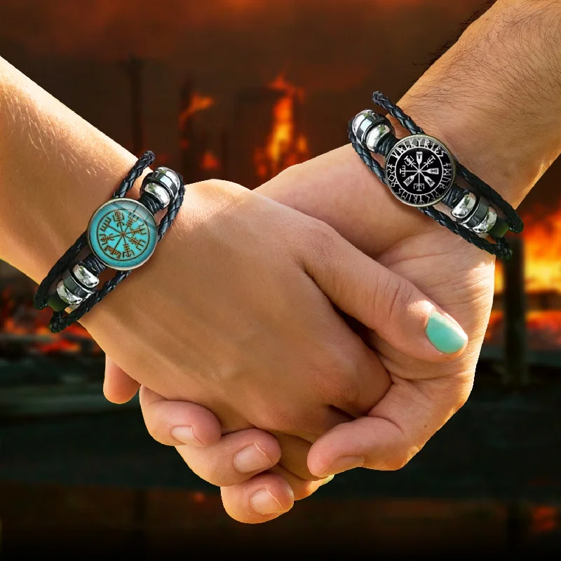 Bold bangle bracelets with mixed materials like wood, metal, and fabric-Vegvisir Compass Bracelet