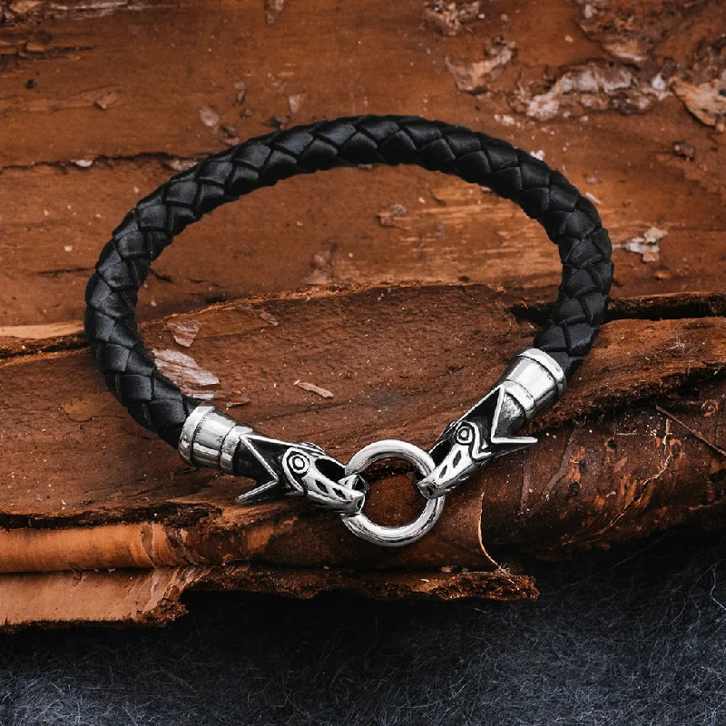 Bangle bracelets with open-ended designs for a modern and adjustable fit-Wolf Leather Bracelet, Black